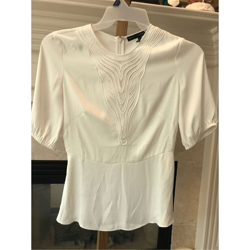 White House Black Market Women’s White Front Crew Neck Lace Design Short Sleeve